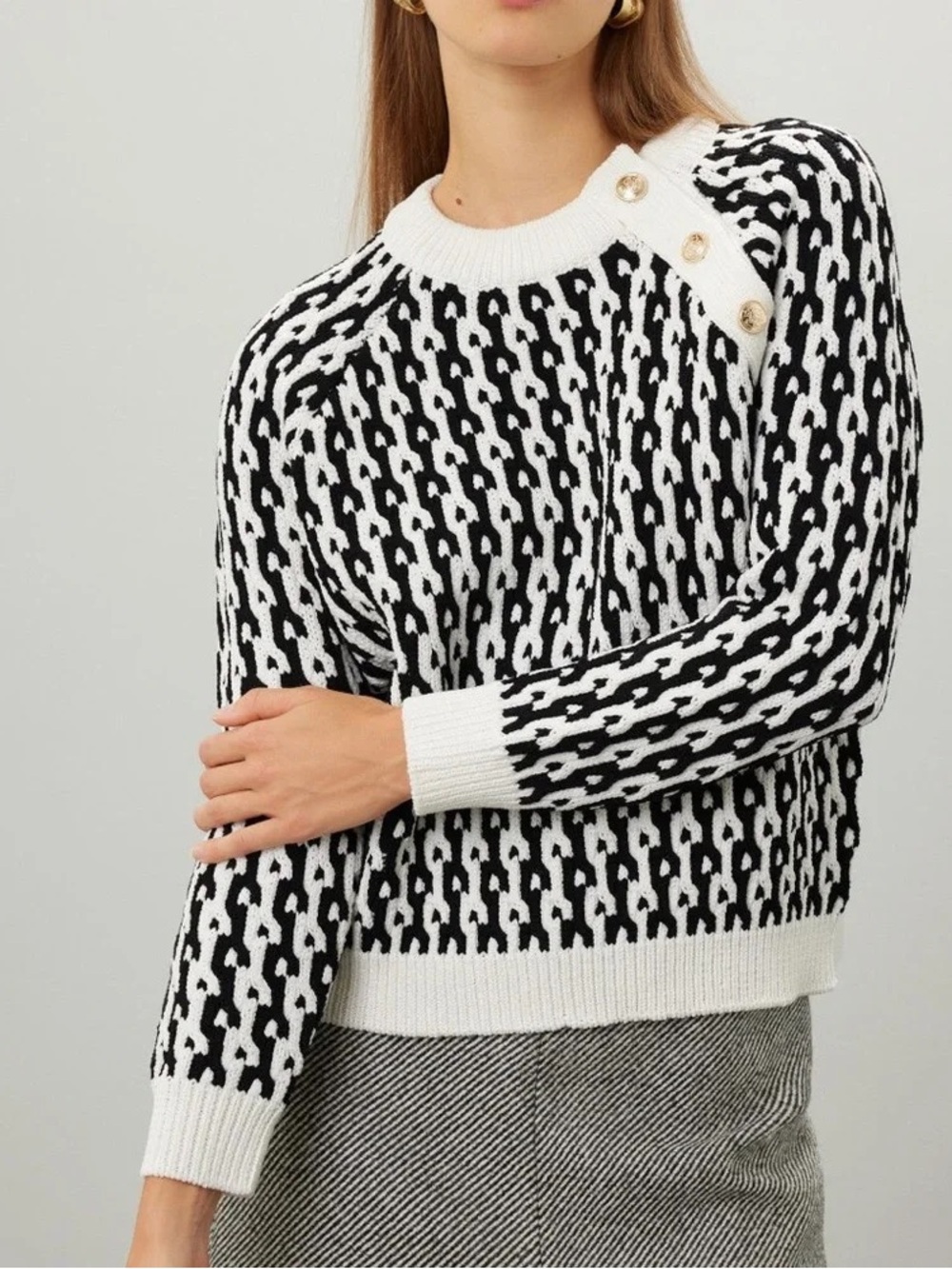 Derek Lam 10 Crosby Sawyer Black White Crewneck Sweater Gold Buttons XS